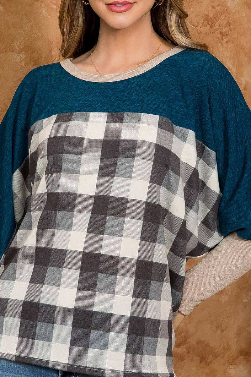 You & Me - Wholesale Blouse - Women's - SALE!!! PPT21075-DOLMAN SLEEVE SOLID CONTRAST PLAID TOP4