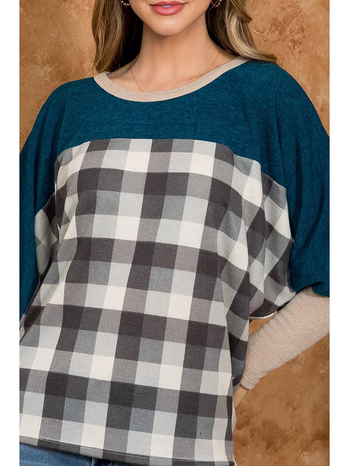 You & Me - Wholesale Blouse - Women's - SALE!!! PPT21075-DOLMAN SLEEVE SOLID CONTRAST PLAID TOP4