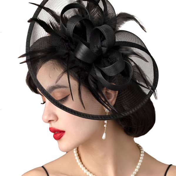 KBW Global Corp. - Wholesale Fascinator Hat - Women's - Black Mesh Feather Halo Fascinator0