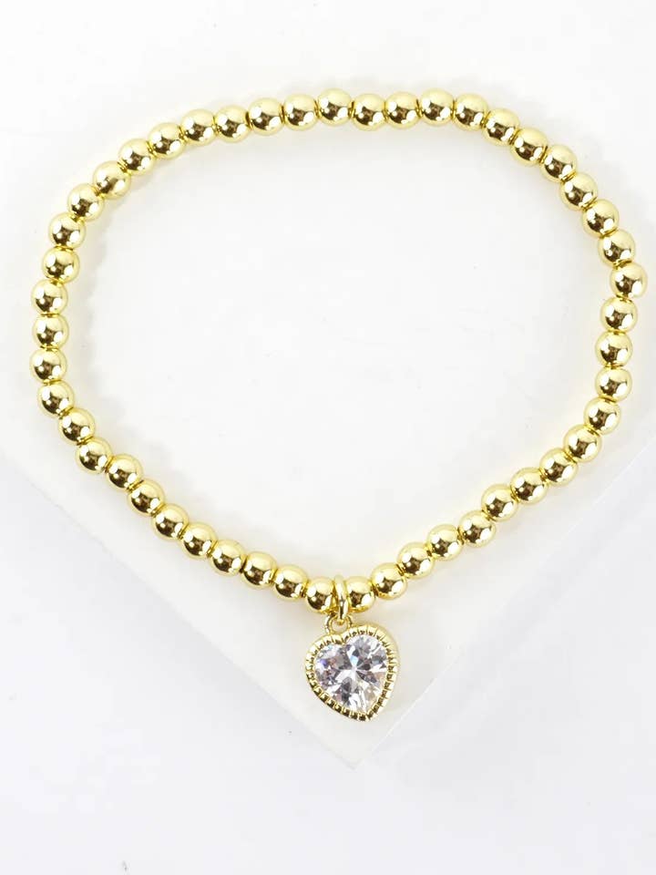 Dainty CZ Heart Charm Stainless Steel Bracelet for wholesale by Wild Honey