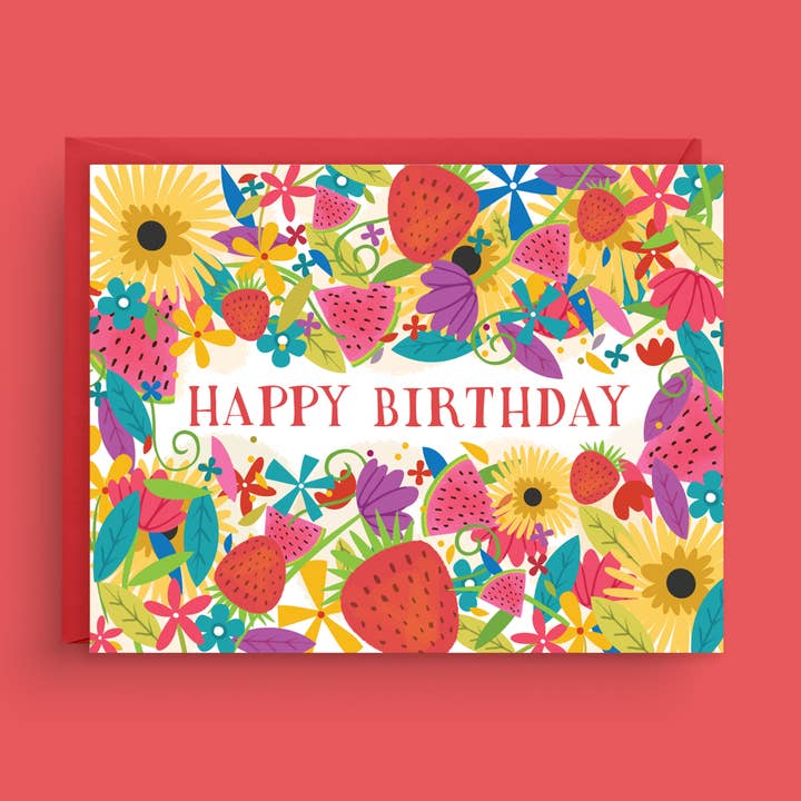Somrig blommig och jordgubbsfödelsedagskort för wholesale av Nicole Marie Paperie
