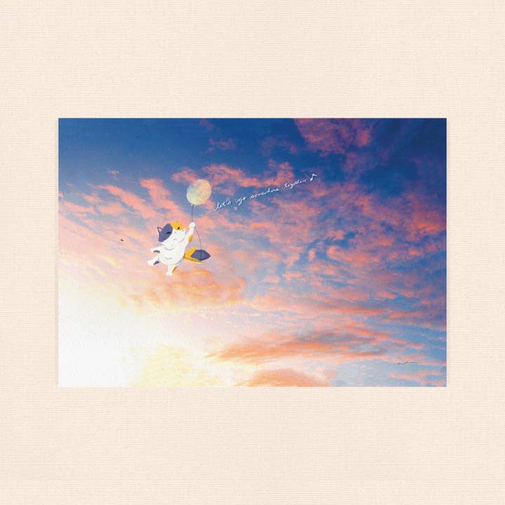 let's fly away - Cat flying with balloon postcard for wholesale by bao by andrea