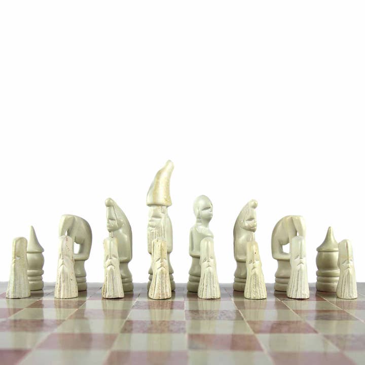 Global Crafts - Wholesale Board Game - Africa Soapstone Carved Chess Set - Safari Animals Pink/Nat