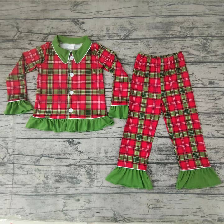 Aier Wholesale - Wholesale Sleepwear Set - Kids - Baby girls Christmas red green plaid pajamas sets1