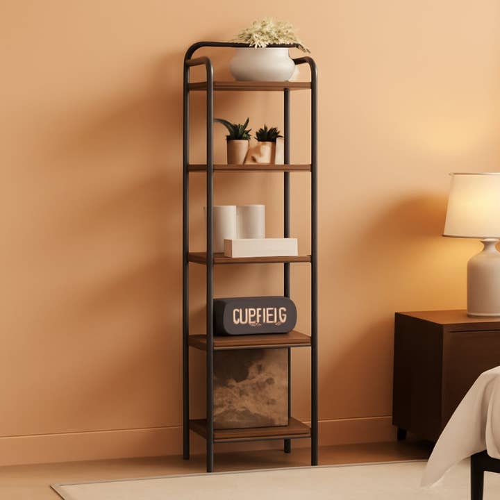 5-Tier Industrial Corner Shelf Narrow Rustic Black Bookcase for wholesale by ShipItFurniture