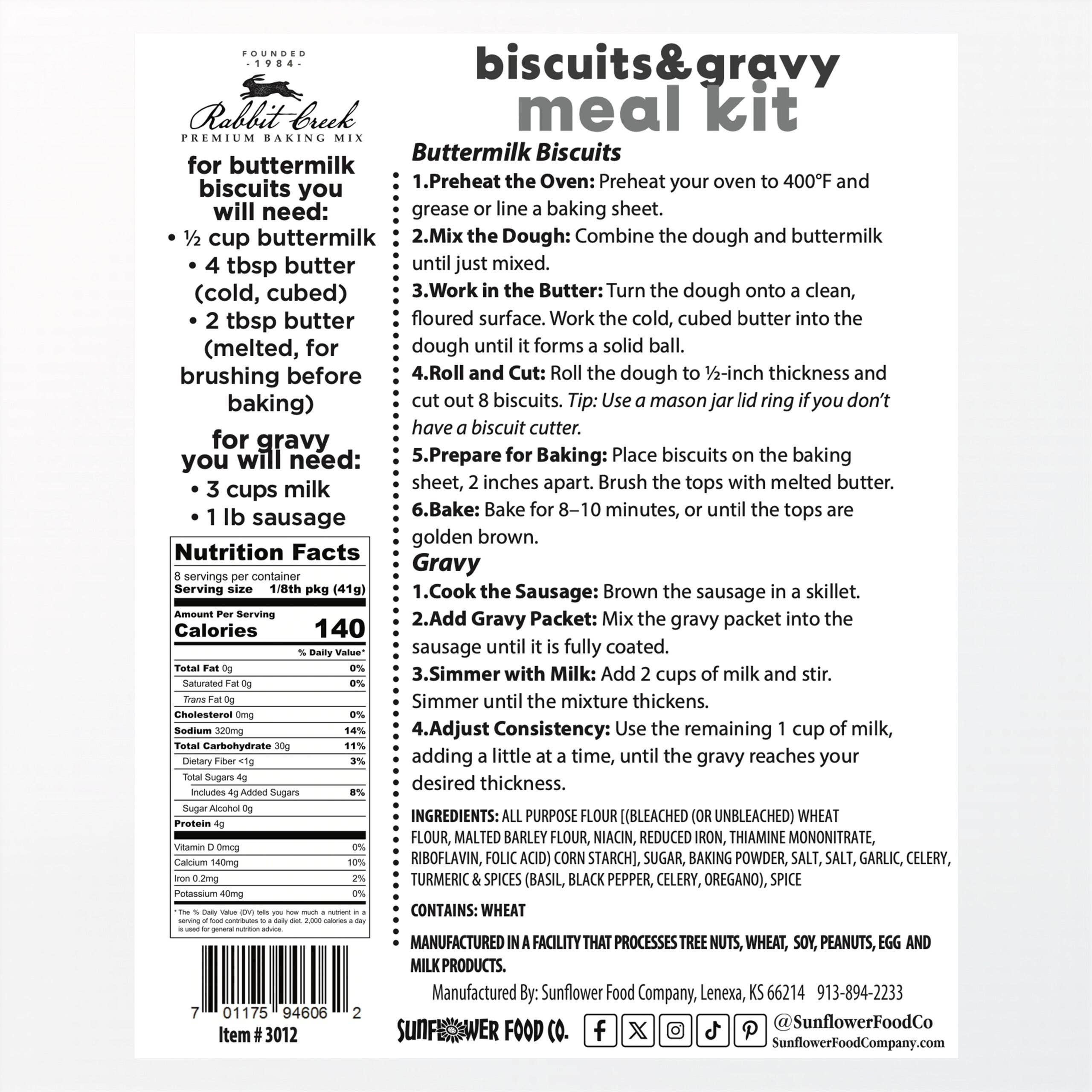 Rabbit Creek Gourmet - Vente Préparation pour biscuits - MÉLANGE BISCUITS & SAUCE 13,25oz2