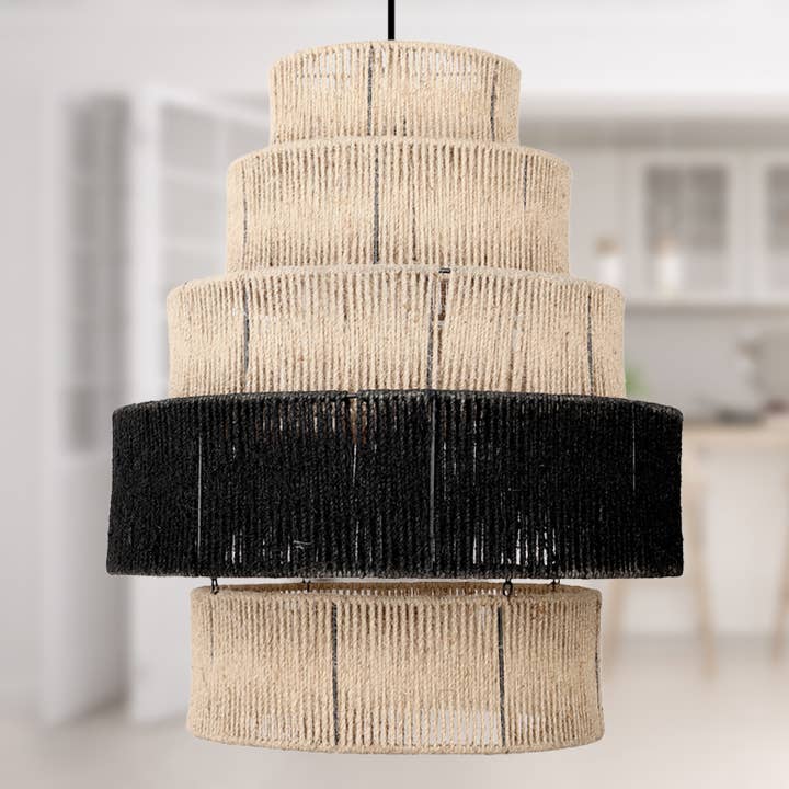22"W Zeke Tiered Natural and Black Jute Pendant Light for wholesale by River of Goods