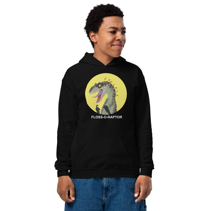 Floss-O-Raptor Youth Dinosaur Hoodie for wholesale by DinoDreams.co