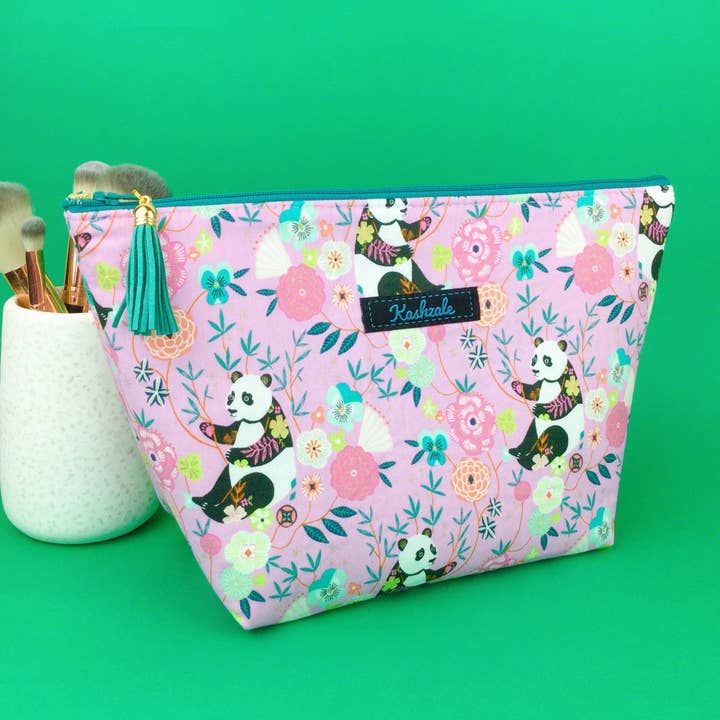 Pink Panda Large Makeup Bag. Pink Makeup Bag for wholesale by Kashzale Handmade Cosmetic Bags