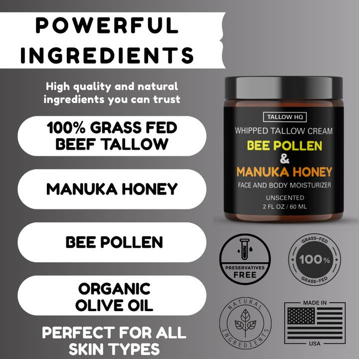TALLOW HQ - Wholesale Body Cream/Lotion - Tallow Cream with Bee Pollen & Manuka Honey,Face & Body-2oz1