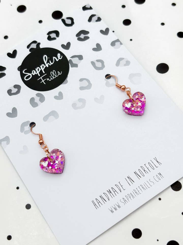 Small Pink and Rose Confetti Sparkle Heart Hook Earrings for wholesale by Sapphire Frills Ltd