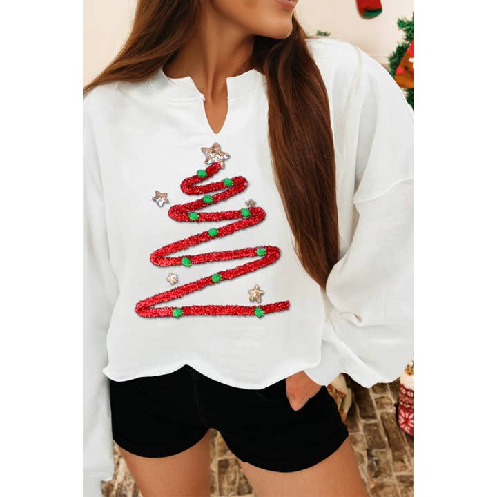 Christmas Tree Corded Graphic Notched Neck Sweatshirt for wholesale by fashionworks