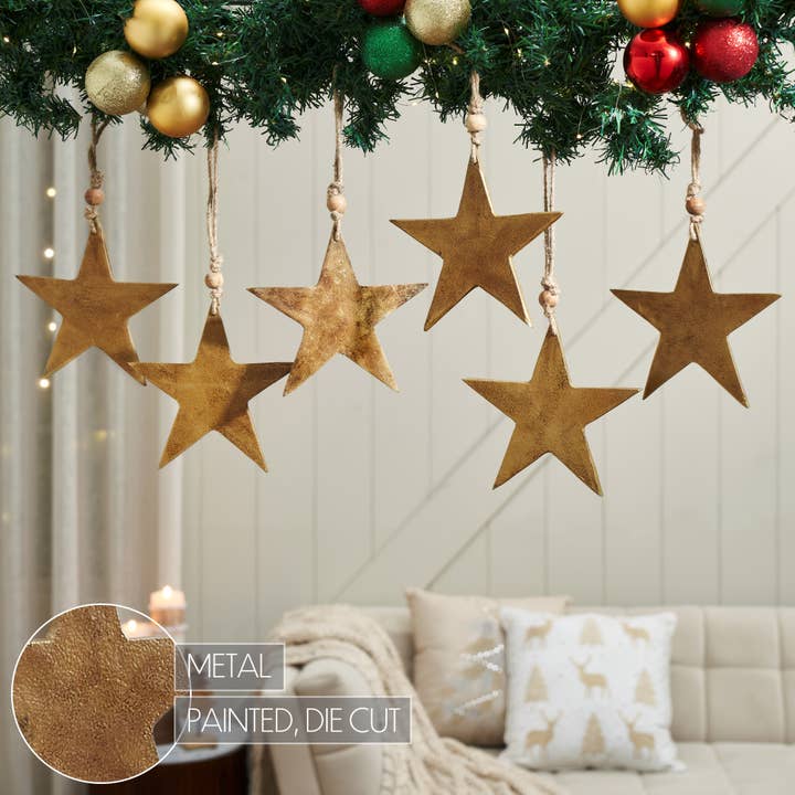VHC Brands - Wholesale Ornament - Antique Gold Metal Star Ornament Set of 6 - 6 inch1