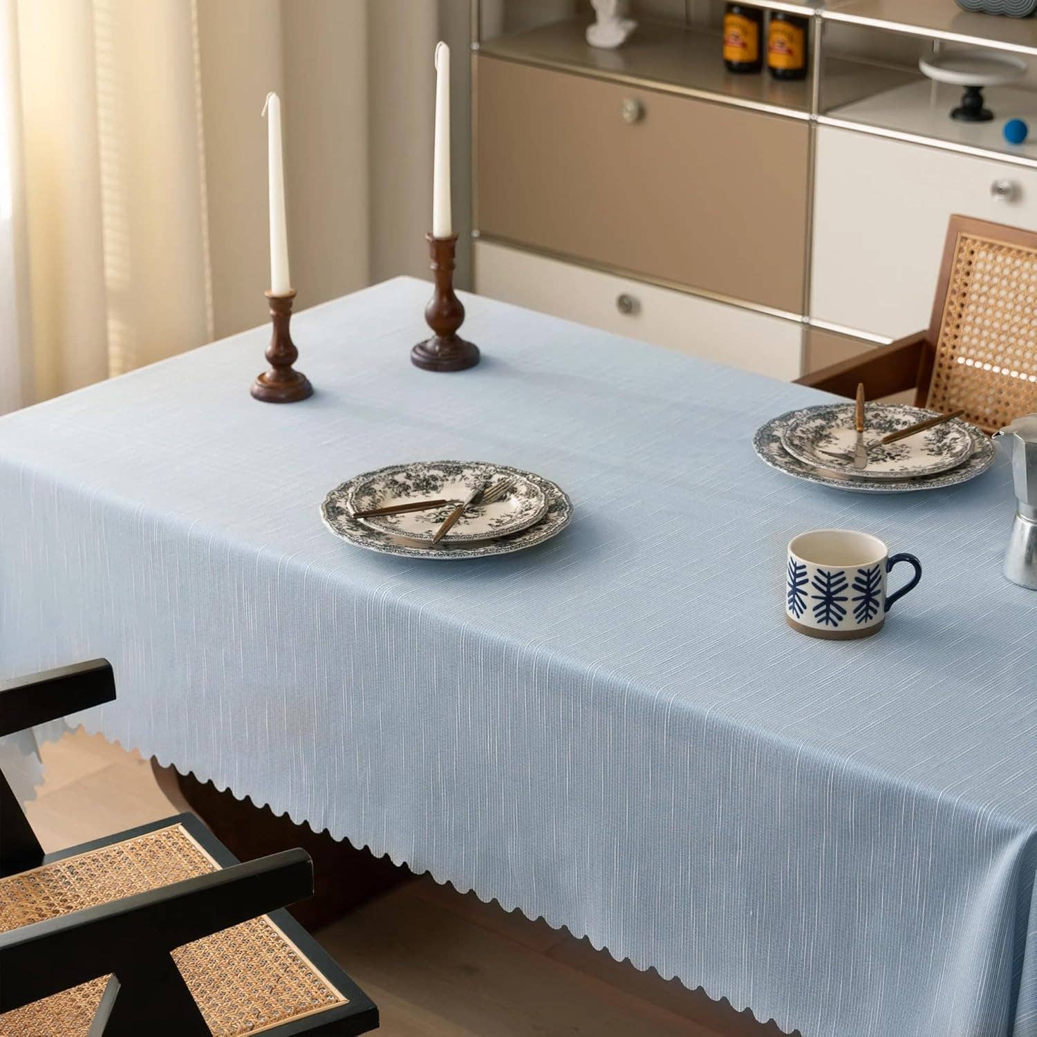 Fennco Styles - Wholesale Tablecloth - Blue Scalloped Edge Vertical Textured Striped Tablecloth3