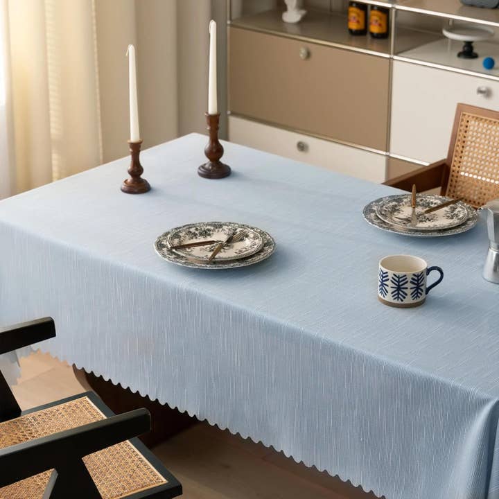 Fennco Styles - Wholesale Tablecloth - Blue Scalloped Edge Vertical Textured Striped Tablecloth3