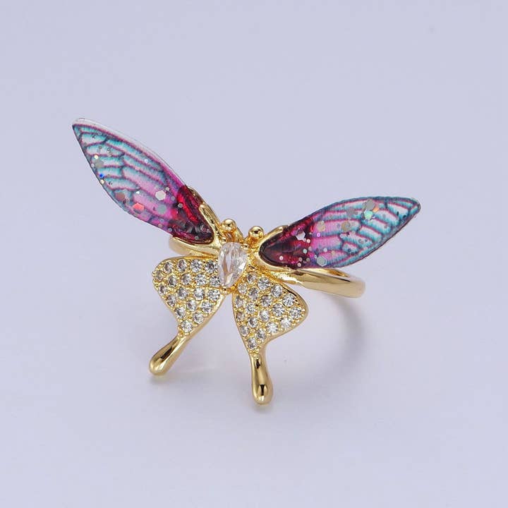 Aim Eternal - Wholesale Cocktail/Statement Ring - Fuchsia, Blue Micro Paved Butterfly Wings Teardrop Insect Gold Rings | Y400 Y401