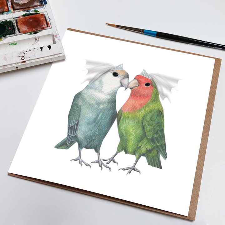 Lesbian Wedding Card - Mrs & Mrs Lovebird for wholesale by Rebecca Christian
