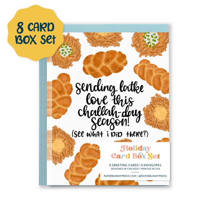 Versand des Latke Love Hanukkah Box Sets - Set mit 8 Karten für den Großhandel von Paper Bunny Press