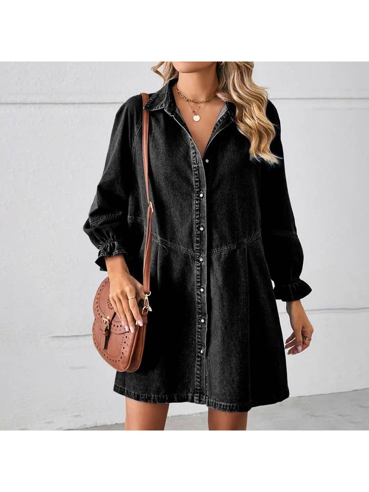 Lily Clothing - Wholesale Dress - Women's - Loose wash long sleeve denim single breasted short dress7