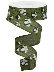 1.5"X10YD COTTON PODS ON ROYAL - MOSS GREEN/BROWN/WHITE - RG0180852 for wholesale by General Wholesale Inc