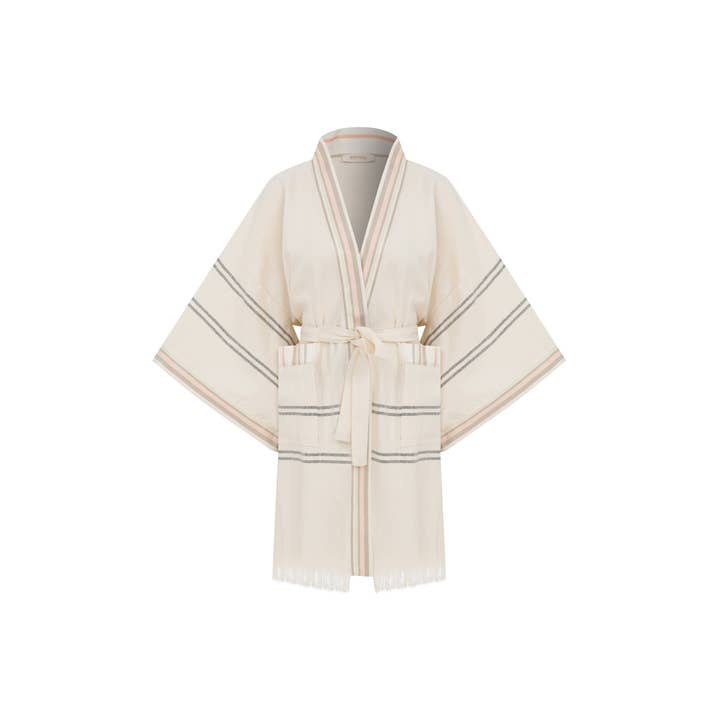 Pesthamal Cotton Short Kimono with Kutnu Trim, Pale Pink for wholesale by KUTNİA