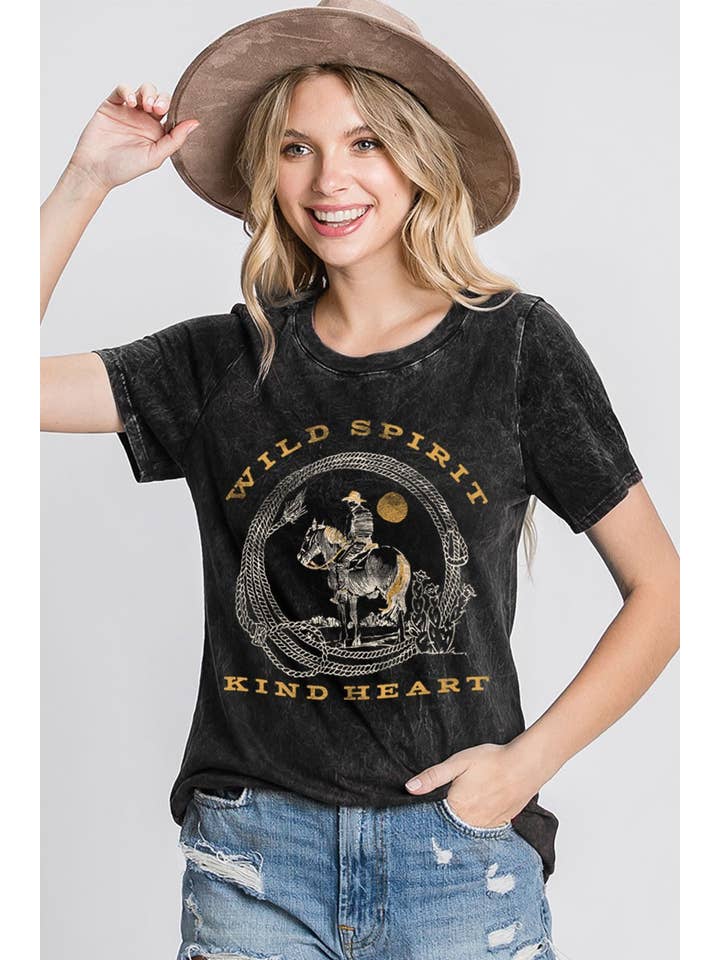 HRTandLUV - Wholesale Screen Printed T-Shirt - Women's - WILD SPIRIT KIND HEART COWBOY GRAPHIC MINERAL TOP