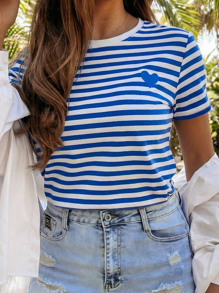Stripe Heart-shape Detail Casual T Shirt (S-XL) for wholesale by 66DISCO