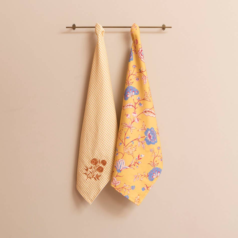 Mahe Homeware - Wholesale Tea Towel - Yellow Ocher Chintz Embroidered Kitchen Towel Set 22