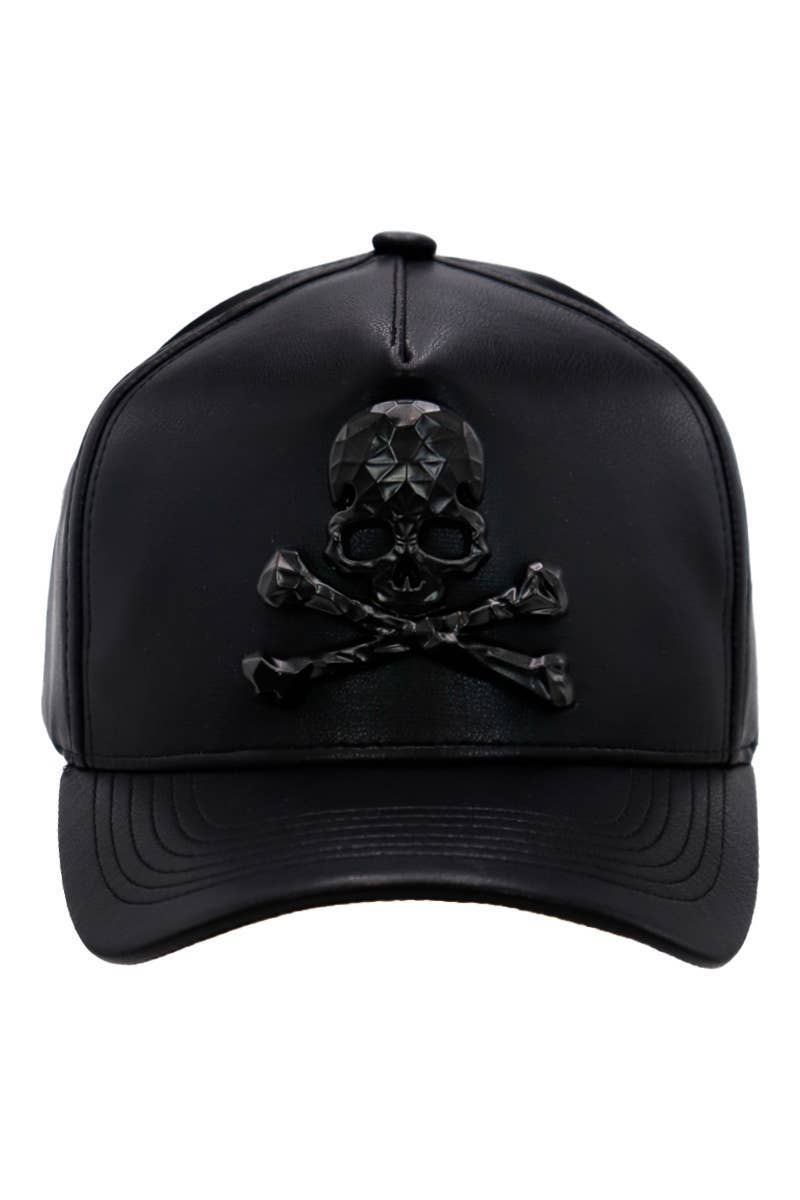 Cap Zone - Wholesale Baseball Cap - Unisex - Skull Crossbones Buttery Faux Leather Baseball Cap1