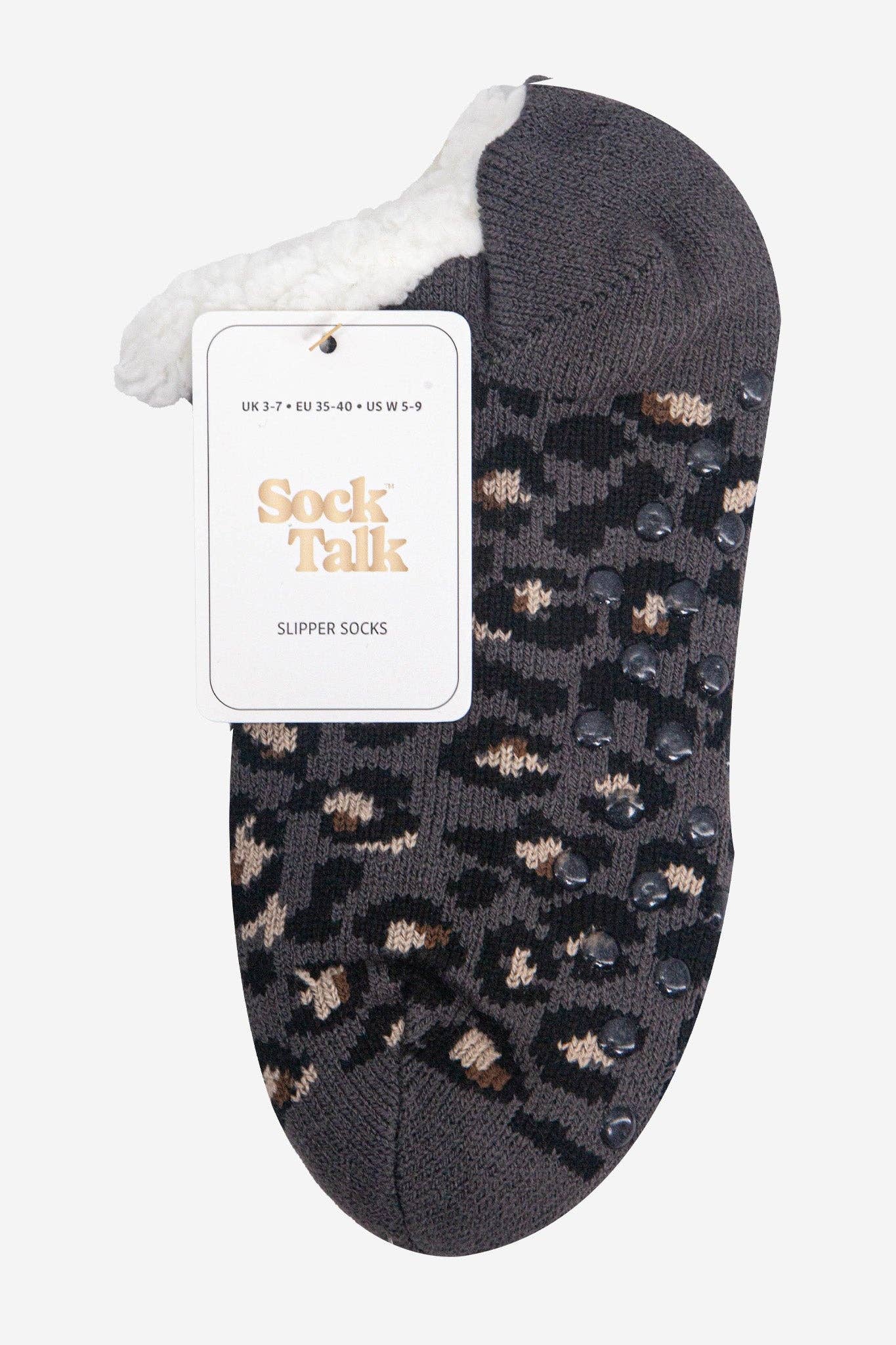 Sock Talk - Wholesale Sock Slippers - Women's - Women's Short Slipper Sock- Dark Grey, Leopard3