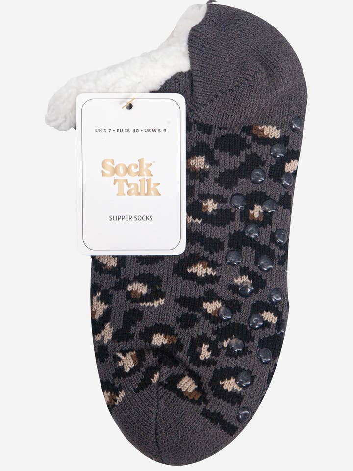 Sock Talk - Wholesale Sock Slippers - Women's - Women's Short Slipper Sock- Dark Grey, Leopard3