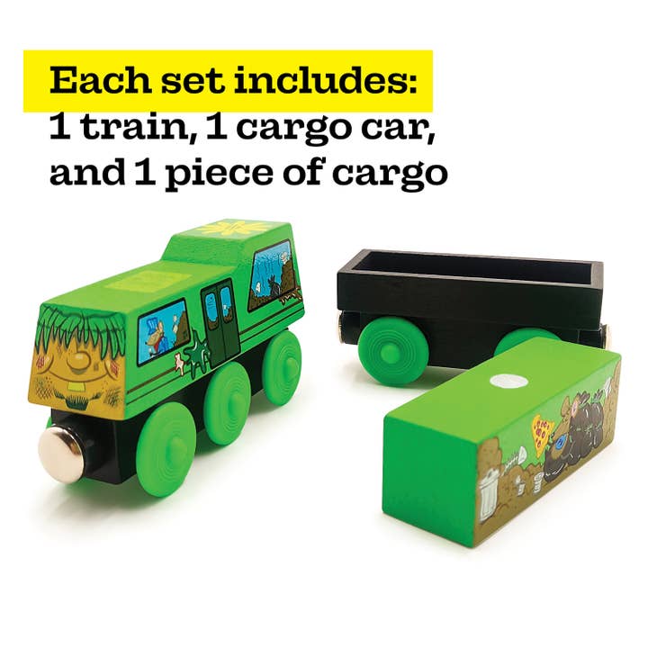 Twinkle Toys LLC - Wholesale Toy Set - Kids - Zany Trains - Trashy Terry - Series 1 - Wooden Train and Cargo Set - Compatible with All Wooden Train Sets