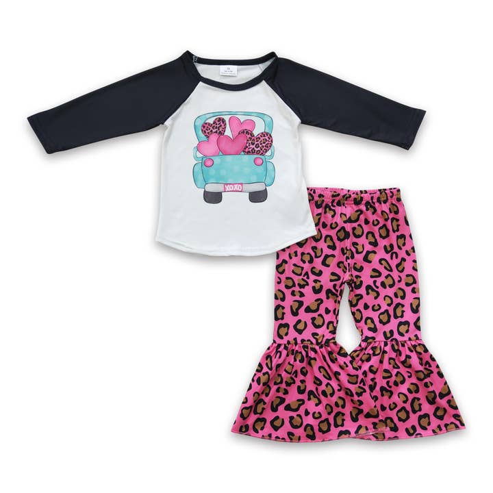 Yawoo Garments - Wholesale Top & Pant Set - Kids - Heart print leopard girls Valentine's day cothing