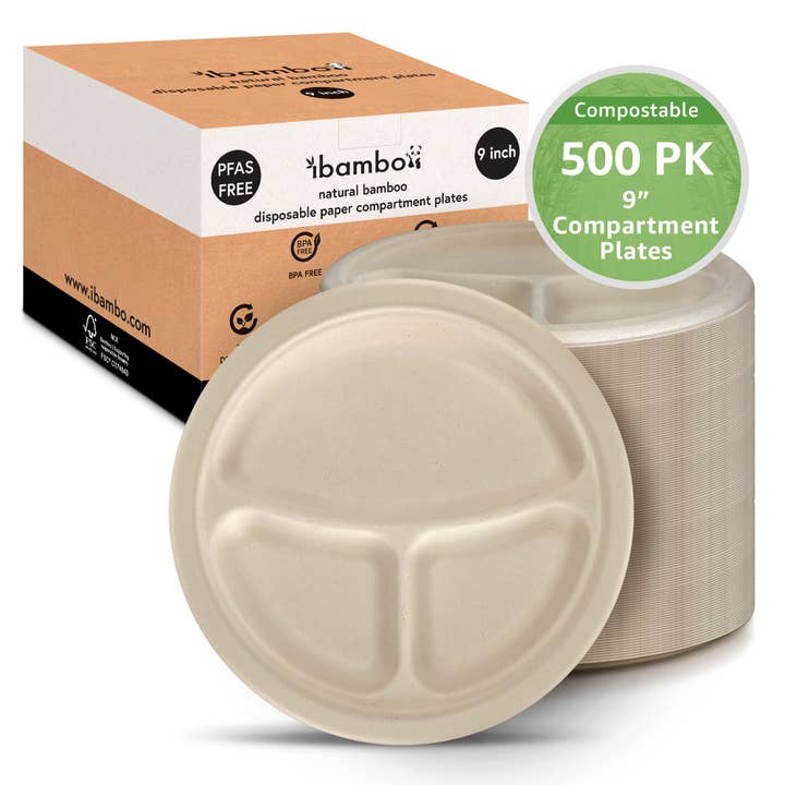 Ibambo – wholesale Disposable plate – Ibambo Bamboo Disposable Compartment Plates - 9" - 500 Pack