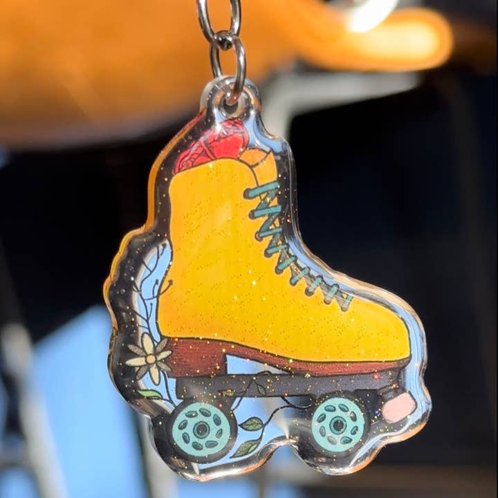 Campfires & Coffee - Wholesale Keychain – Women's - Floral Roller Skate Sparkly Acrylic Keychain2