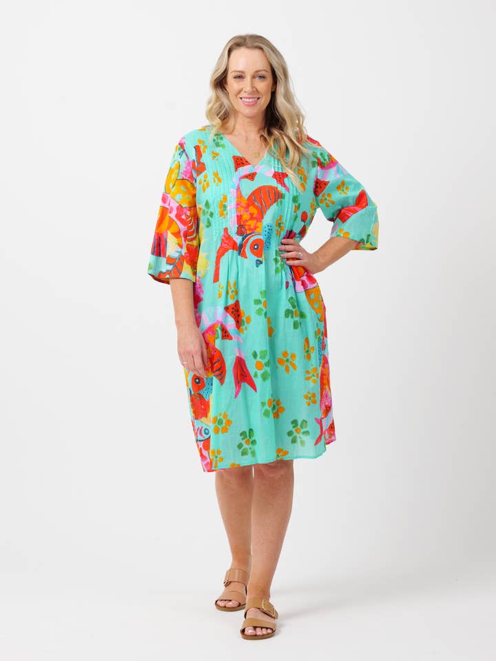 Heron Dress in Teal Fish for wholesale by Mozaic by Euro Dreaming