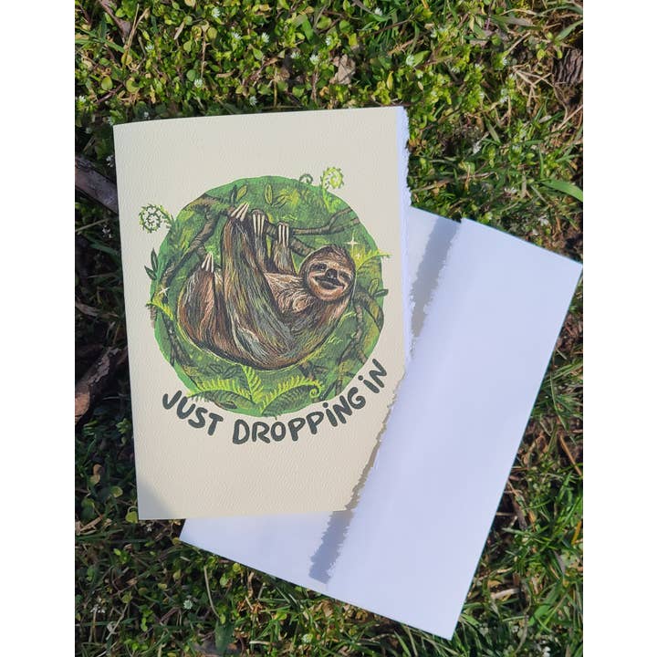Sloth “Just dropping in” Illustrative Card for wholesale by To Draw Attention