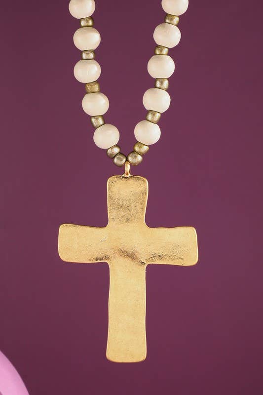 Urbanista - Wholesale Pendant/Charm Necklace - Wood Beaded Necklace with Hammered Cross Pendant1