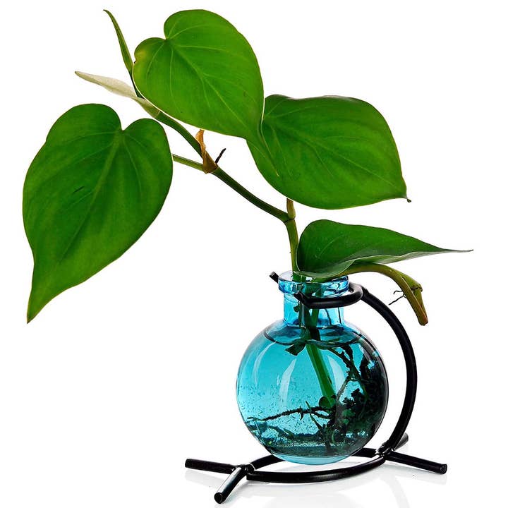 Casablanca Recycled Glass Vase & Metal Stand Aqua for wholesale by Couronne Co.