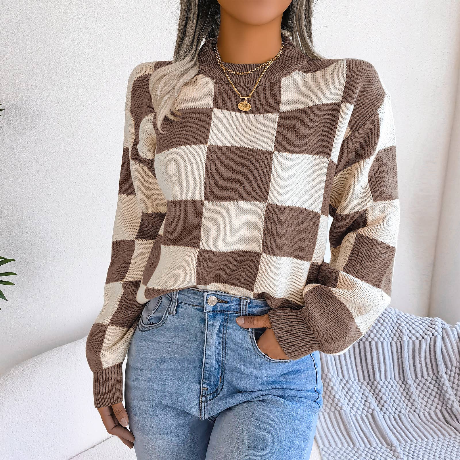 HIDDENBRAND - Wholesale Knit Sweater - Women's - Contrast plaid pullover knit sweater17