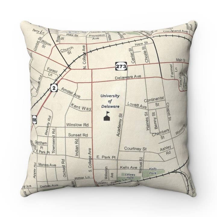 University of Delaware Map Pillow – 18" Square Throw Pillow for wholesale by Daisy Mae Designs