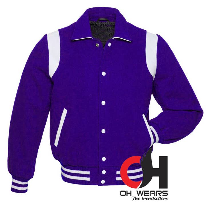 New Varsity Byron Collar Blue Wool with White Leather Stripes Baseball Bomber Letterman Jacket (Men, Women and Kid's), College Jackets for wholesale by OH Wears