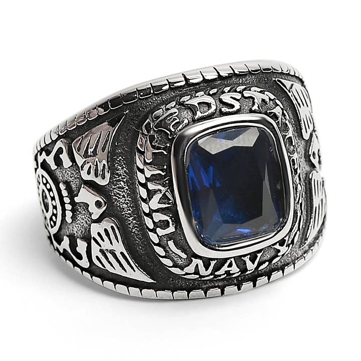 United States Navy Military Stainless Steel Men's Ring with Blue Stone for wholesale by WJW
