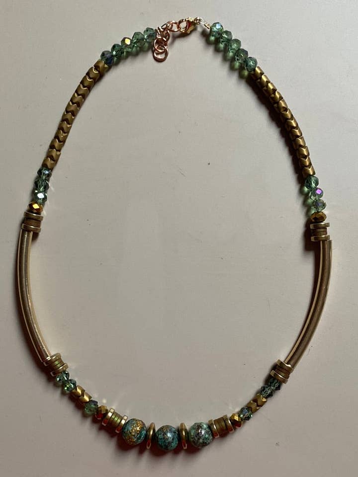 MRL16 - Natural Chrysocolla, 24k gold plated brass, Gold plated Hematite, Clay, Glass for wholesale by Gist Jewellery