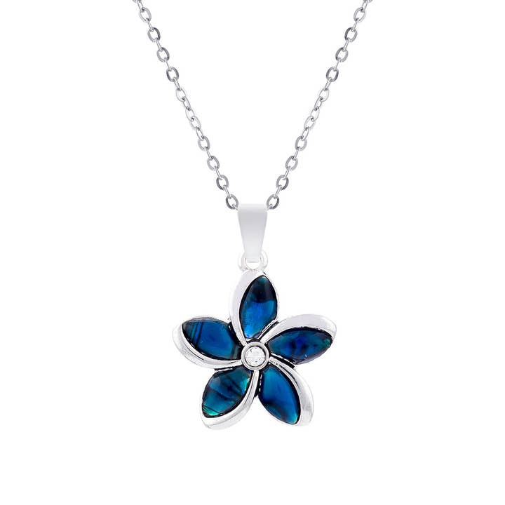 Paua Shell Daisy Pendant with Pearl, Rhodium Plated for wholesale by Byzantium Collection Ltd