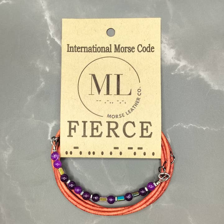 Morse Code Bracelet - FIERCE - brown leather for wholesale by MorseLeather Co.