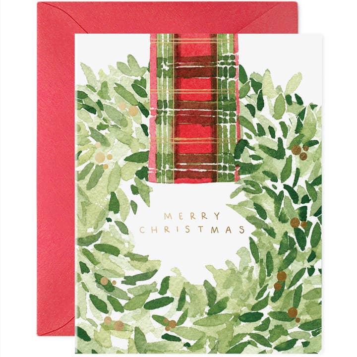 E. Frances Paper - Wholesale Christmas Card - Plaid Ribbon Wreath | Christmas Cards (Boxed Set of 6)