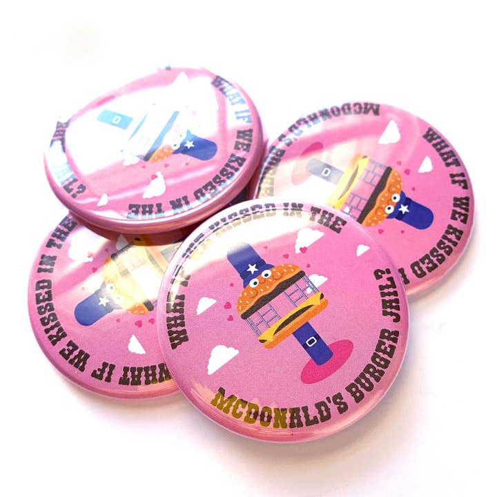 Krystan Saint Cat – wholesale Lapel pin/button – What If We Kissed In Burger Jail Pinback Button1