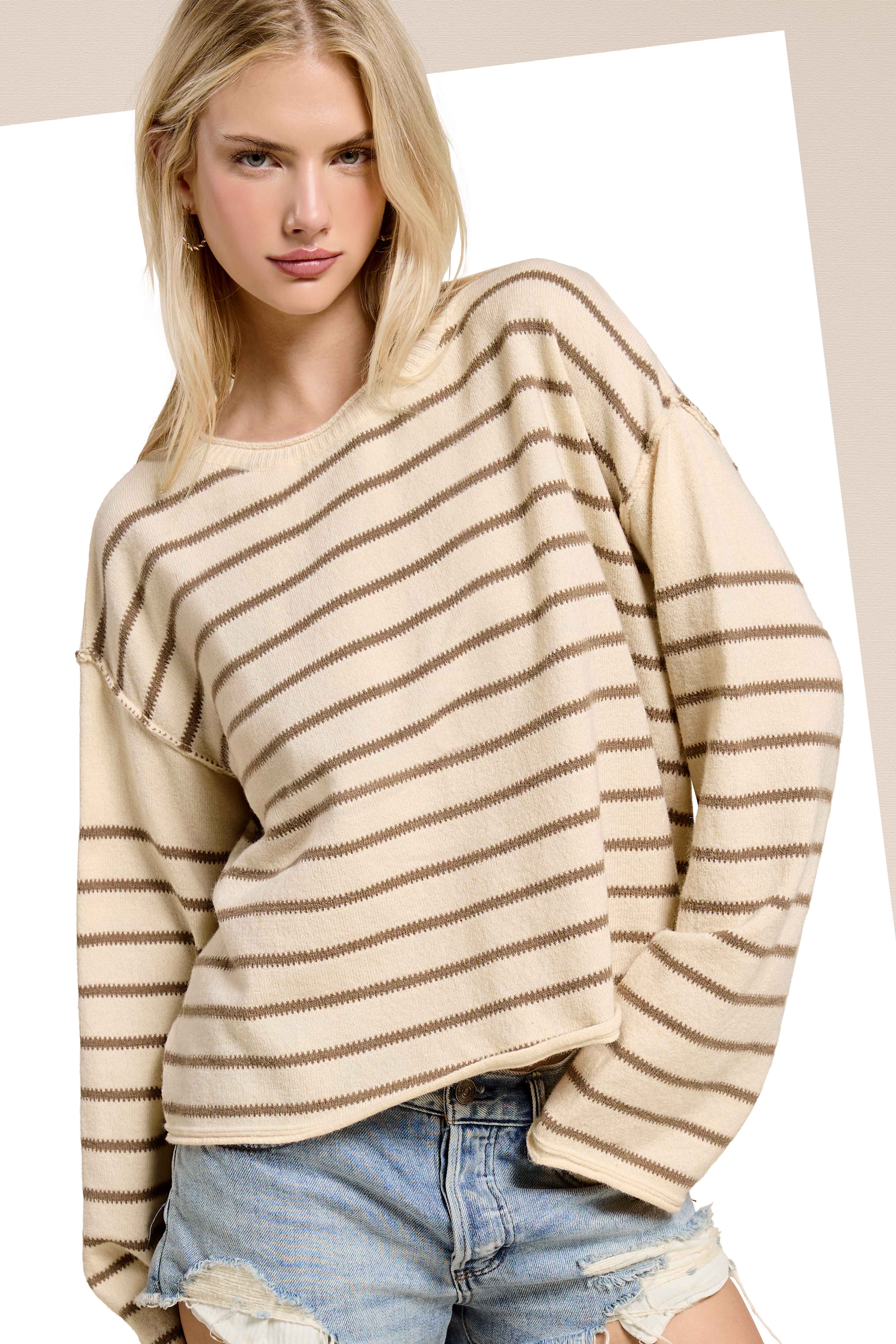 La Miel - Wholesale Knit Sweater - Women's - MCS3588-Striped Round Neck Loose Fit Long Sleeve Sweater6