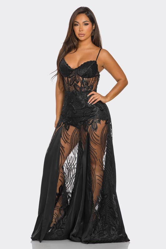 BANJUL - Venta al por mayor Vestido - Mujer - Vestido largo con escote de tubo y encaje hueco translúcido BD446608